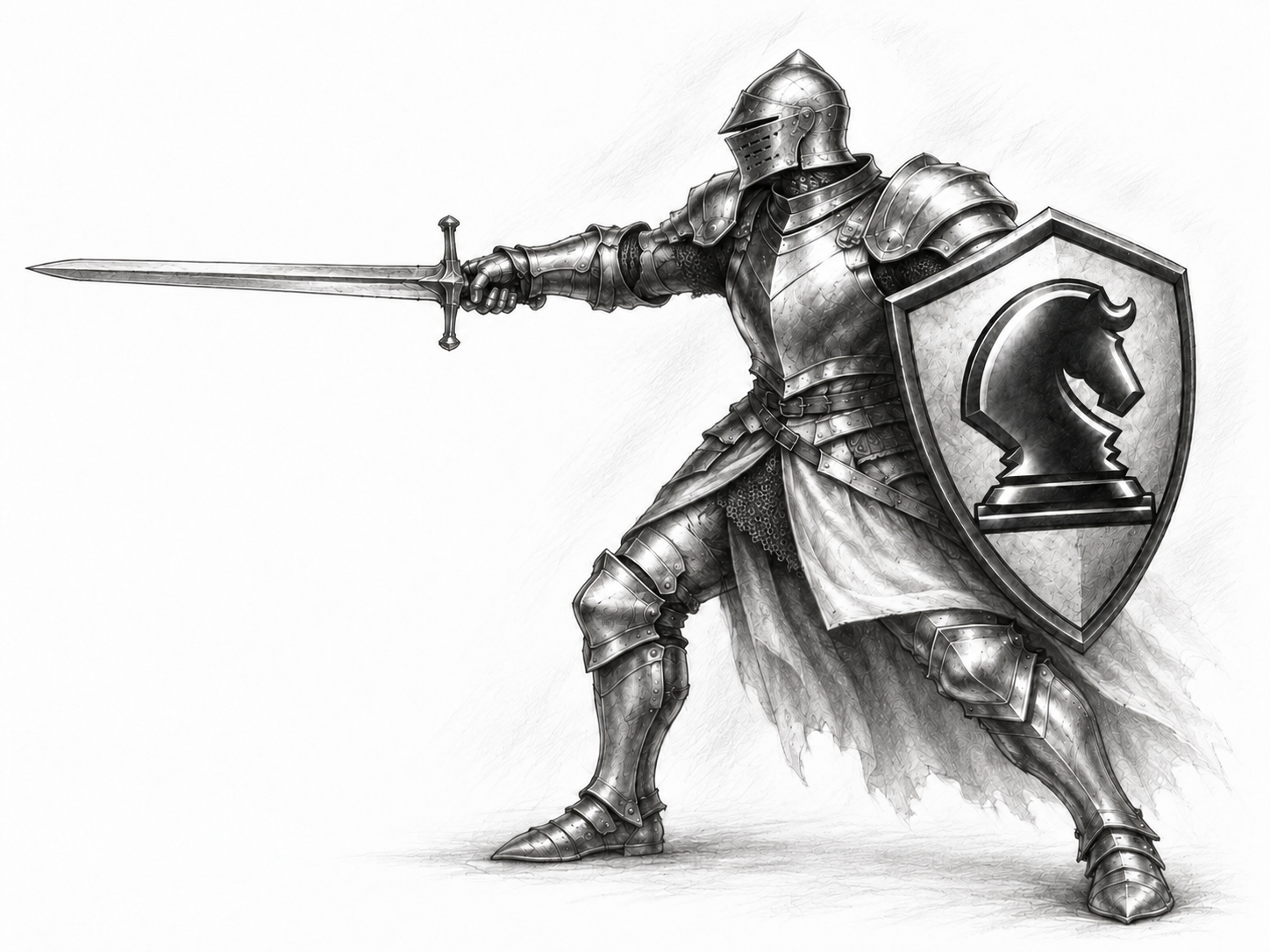 Knight in a battle-ready stance pointing his sword toward the fire alarm services, holding the Defender horse-emblem shield