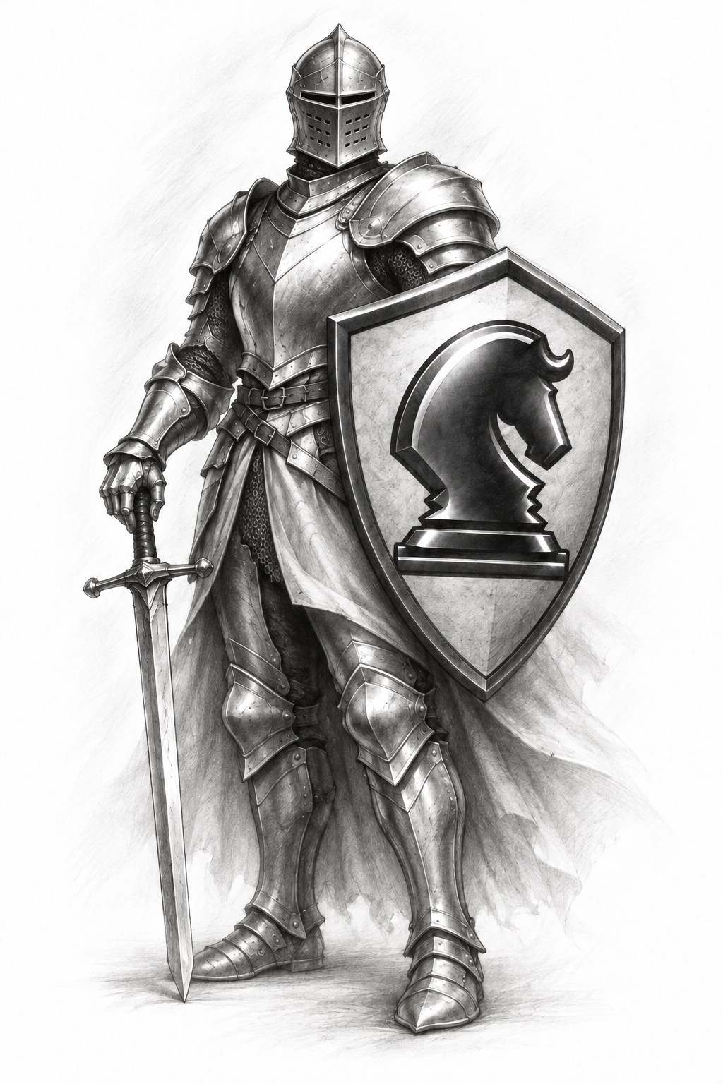 Sketch of a protective knight holding a sword and Defender horse-emblem shield