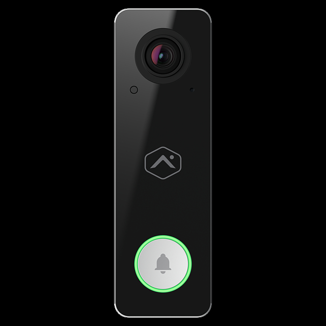 Black Alarm.com doorbell camera with illuminated green button
