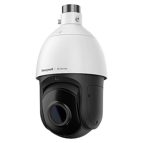 Honeywell pendant-style camera with white housing and black lens assembly